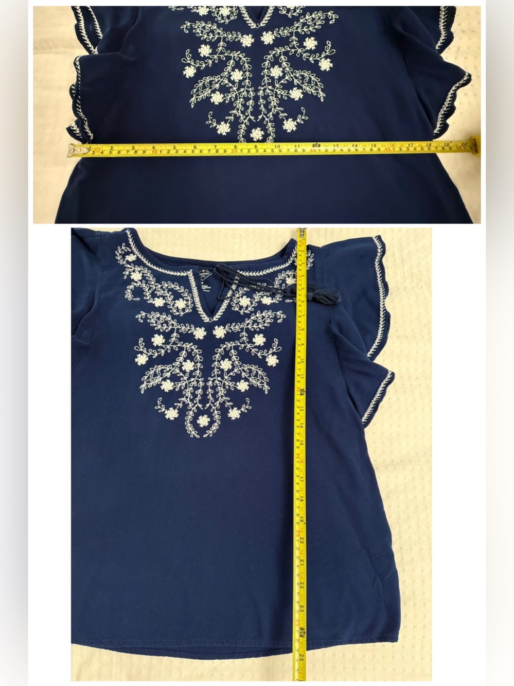 St. John’s Bay Navy Embroidered Boho Peasant Coastal Top Tassel Flutter Sleeve M - Picture 16 of 17